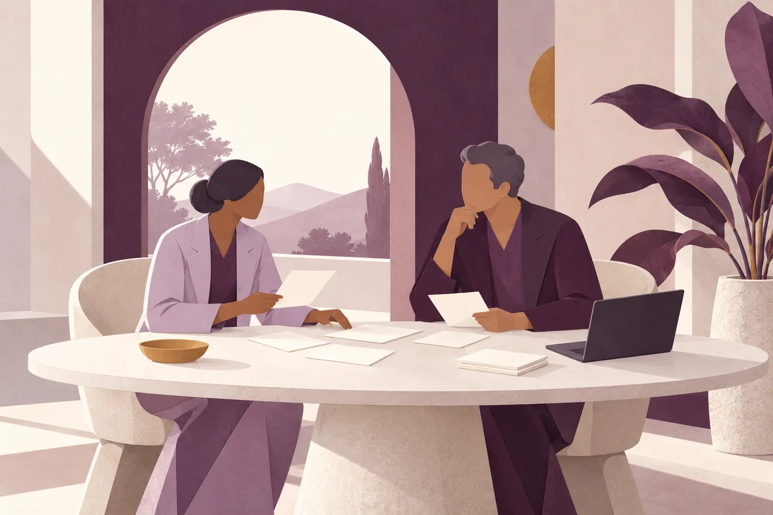 Editorial illustration of two professionals considering information together.
