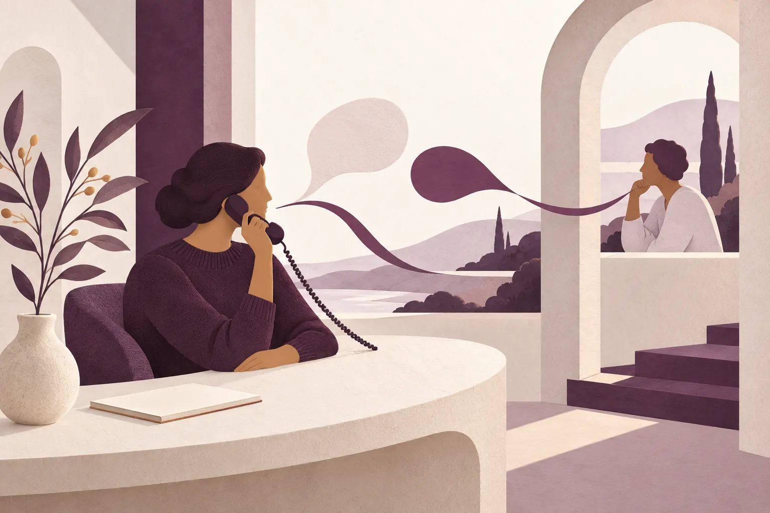 Editorial illustration of a calm telephone conversation connecting two people.